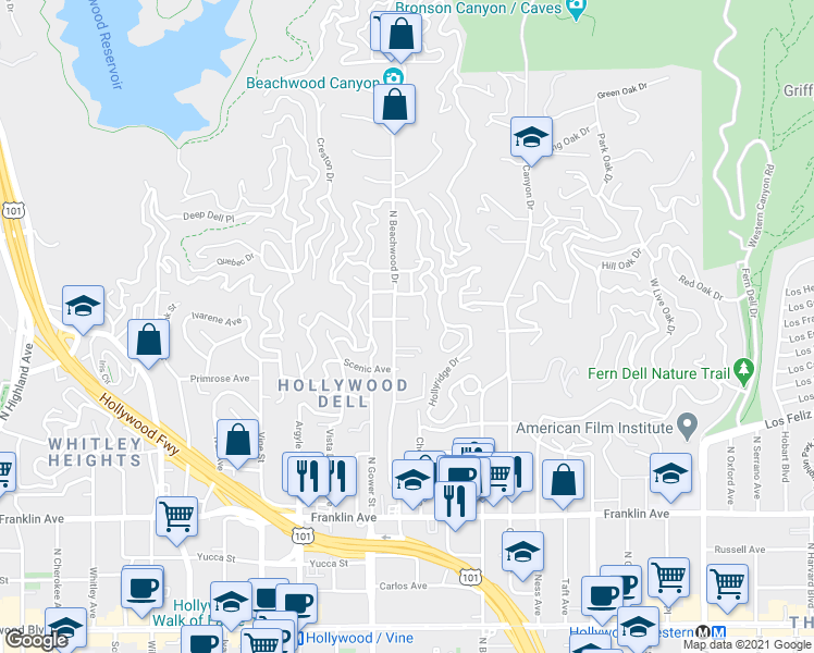 map of restaurants, bars, coffee shops, grocery stores, and more near 2254 North Beachwood Drive in Los Angeles