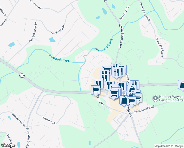 map of restaurants, bars, coffee shops, grocery stores, and more near 2735 Legislative Lane in Buford