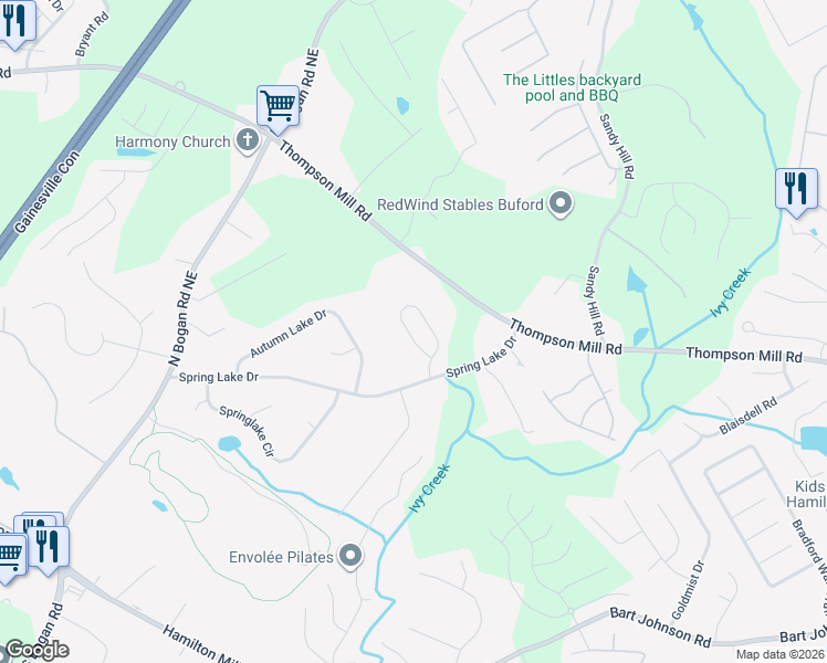 map of restaurants, bars, coffee shops, grocery stores, and more near 4112 Creekrun Circle in Buford