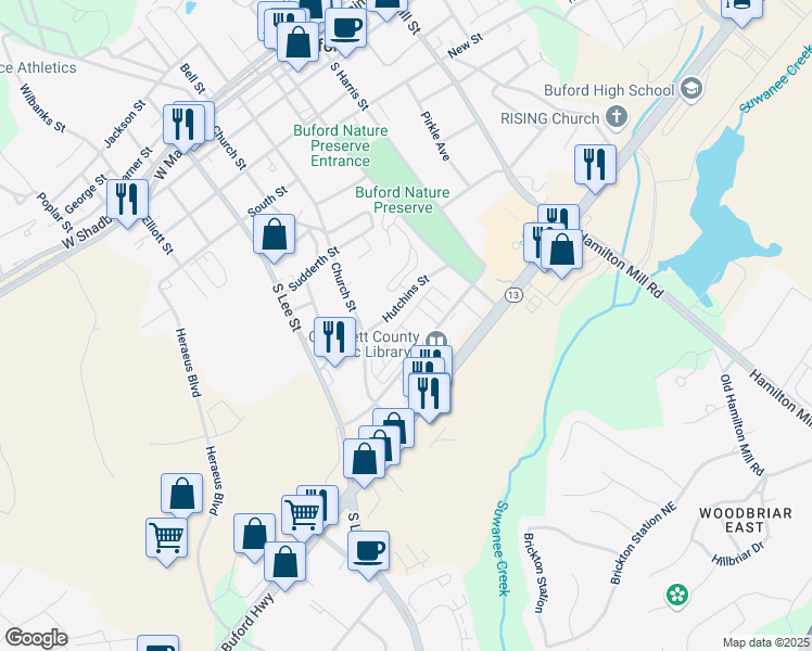 map of restaurants, bars, coffee shops, grocery stores, and more near 4905 Sterling Close in Buford