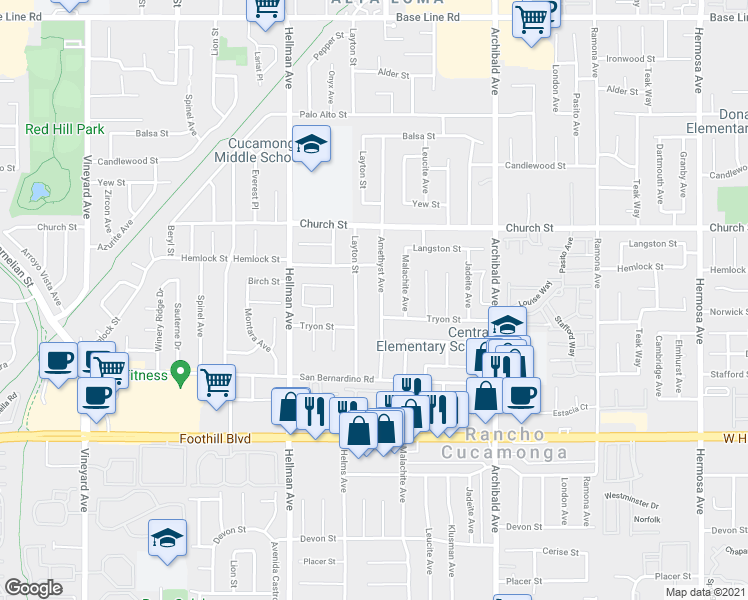 map of restaurants, bars, coffee shops, grocery stores, and more near 7850 Amethyst Avenue in Rancho Cucamonga
