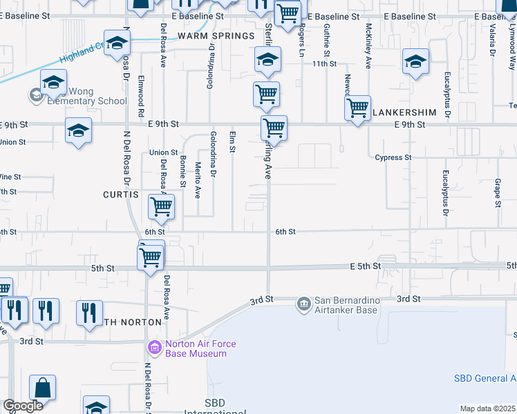 map of restaurants, bars, coffee shops, grocery stores, and more near 7834 Sterling Avenue in San Bernardino