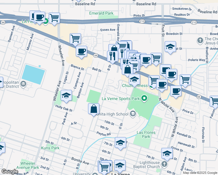 map of restaurants, bars, coffee shops, grocery stores, and more near 1916 Canopy Lane in La Verne