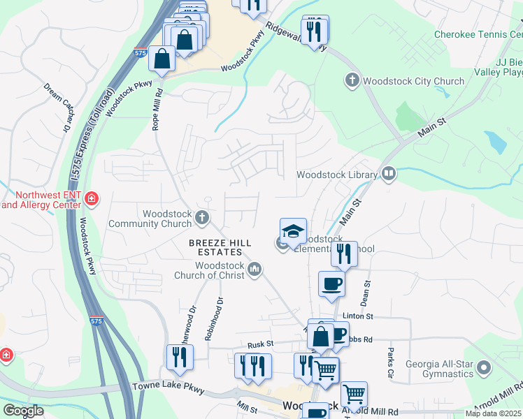 map of restaurants, bars, coffee shops, grocery stores, and more near 416 Towne Valley Drive in Woodstock