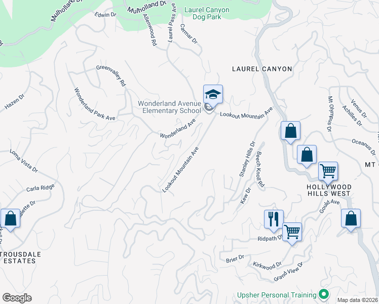 map of restaurants, bars, coffee shops, grocery stores, and more near 8621 Lookout Mountain Avenue in Los Angeles