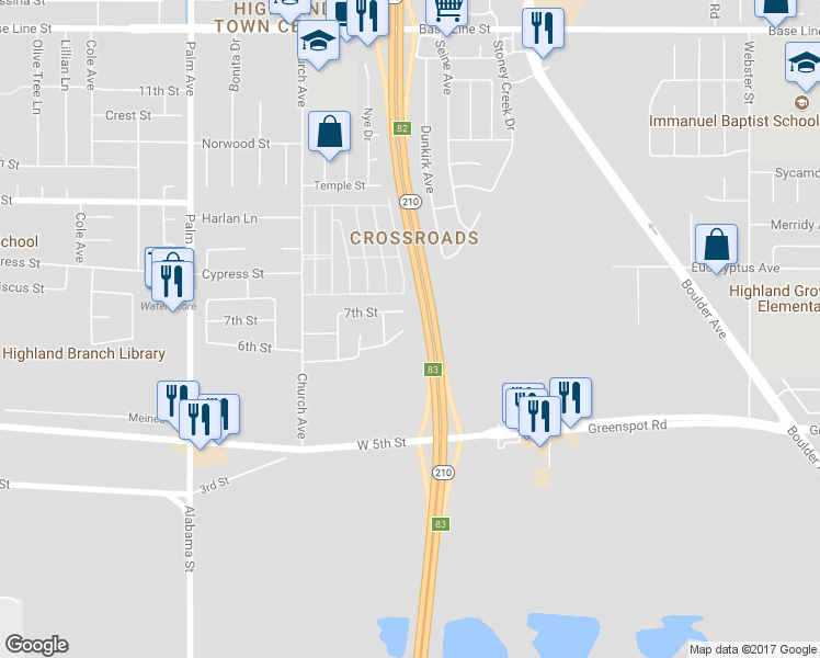 map of restaurants, bars, coffee shops, grocery stores, and more near 27691 Powell Drive in Highland