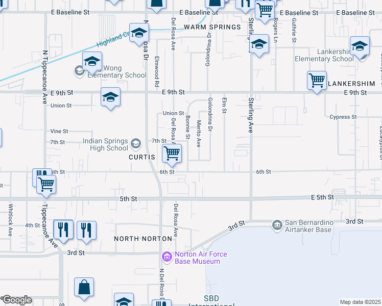map of restaurants, bars, coffee shops, grocery stores, and more near 7831 Bonnie Street in San Bernardino