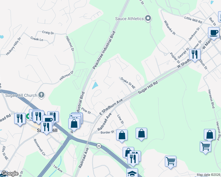 map of restaurants, bars, coffee shops, grocery stores, and more near 1929 Briarcliff Way in Sugar Hill