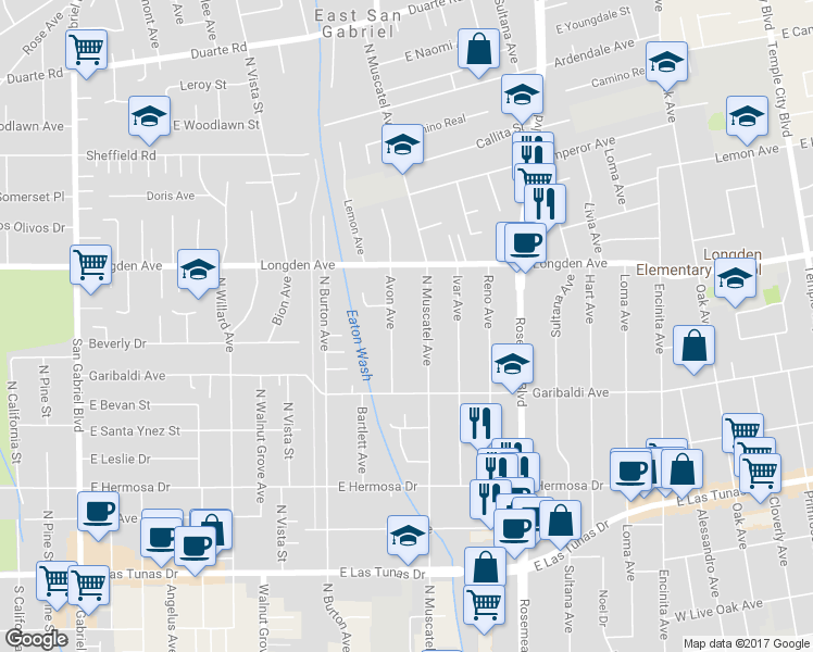 map of restaurants, bars, coffee shops, grocery stores, and more near 6204 Avon Avenue in San Gabriel