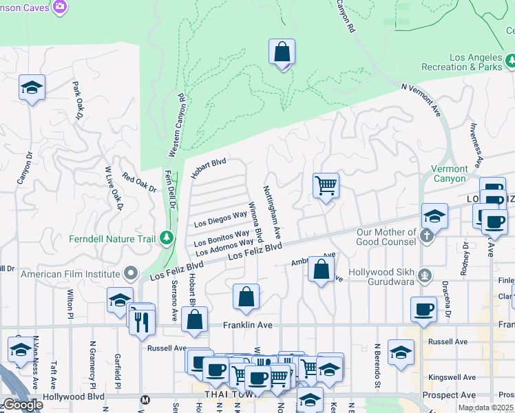 map of restaurants, bars, coffee shops, grocery stores, and more near 2208 Winona Boulevard in Los Angeles