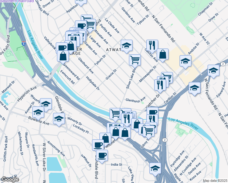 map of restaurants, bars, coffee shops, grocery stores, and more near 3155 Glenhurst Avenue in Los Angeles