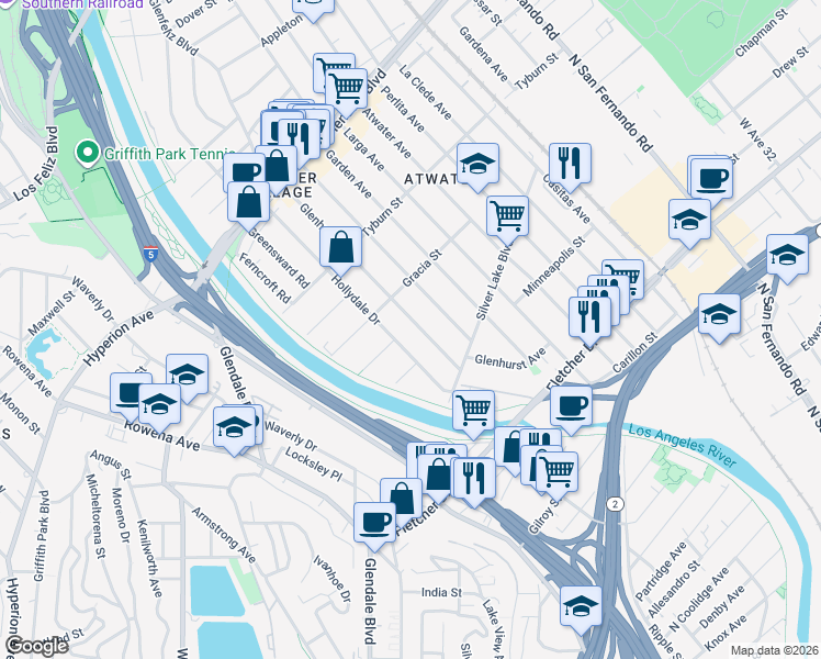 map of restaurants, bars, coffee shops, grocery stores, and more near 3155 Glenhurst Avenue in Los Angeles