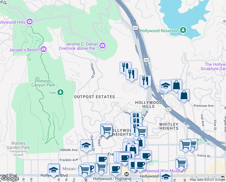map of restaurants, bars, coffee shops, grocery stores, and more near 6909 Oporto Drive in Los Angeles