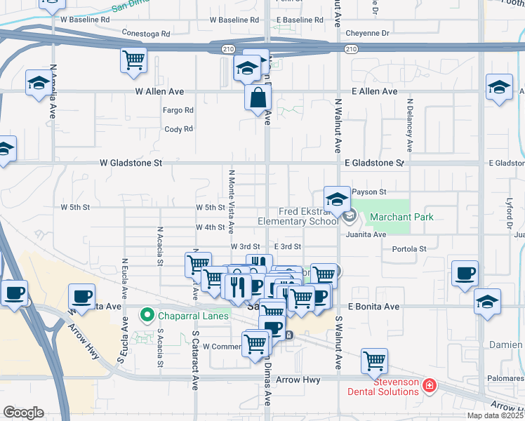 map of restaurants, bars, coffee shops, grocery stores, and more near 421 North San Dimas Avenue in San Dimas