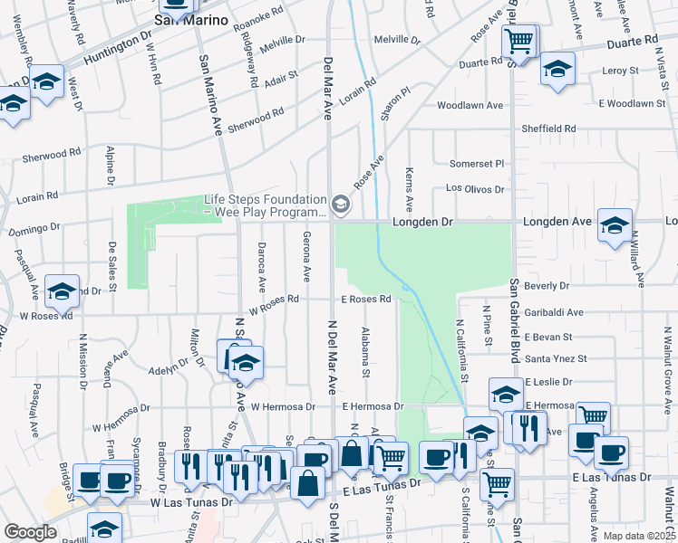 map of restaurants, bars, coffee shops, grocery stores, and more near 520 North Del Mar Avenue in San Gabriel