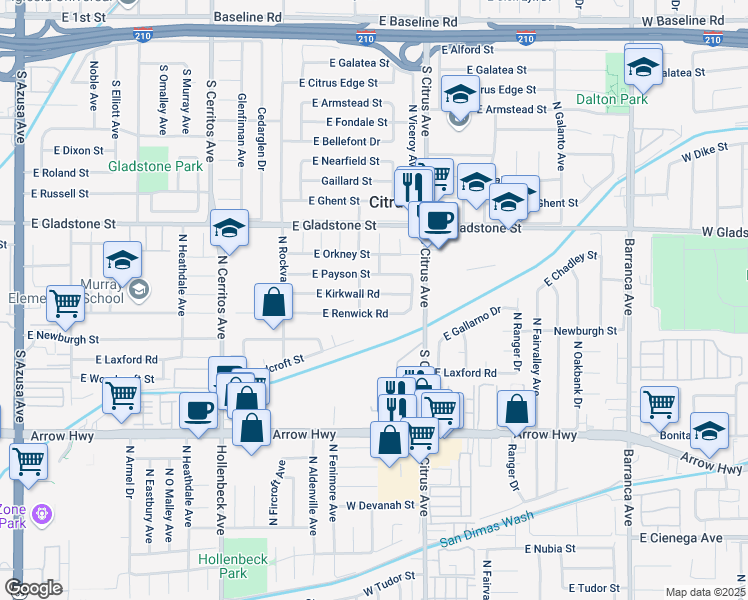map of restaurants, bars, coffee shops, grocery stores, and more near 18414 East Kirkwall Road in Azusa