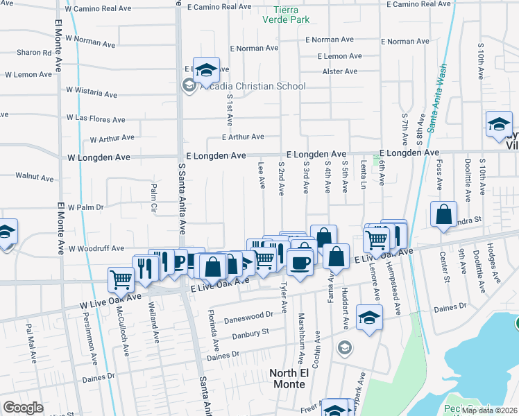 map of restaurants, bars, coffee shops, grocery stores, and more near 2401 Lee Avenue in Arcadia