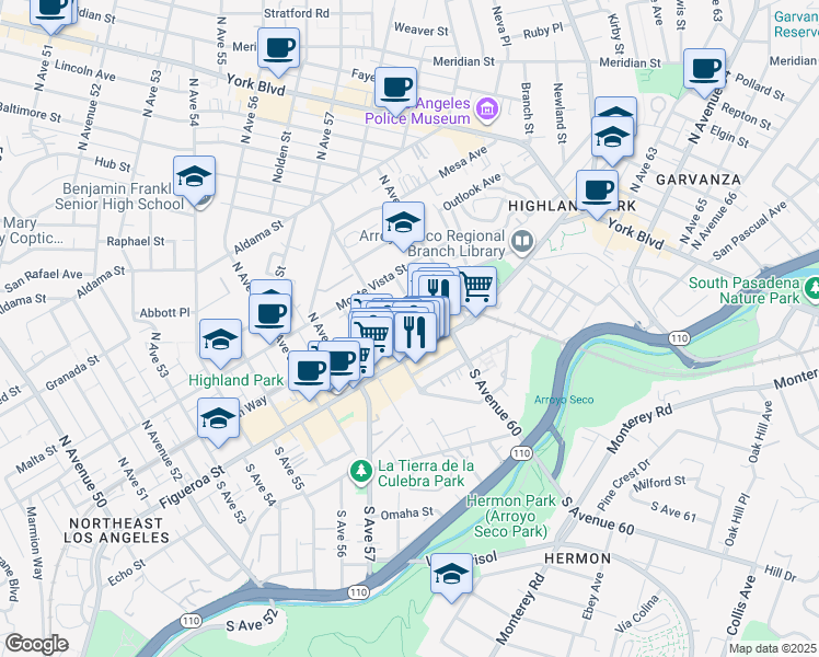 map of restaurants, bars, coffee shops, grocery stores, and more near 5916 Marmion Way in Los Angeles
