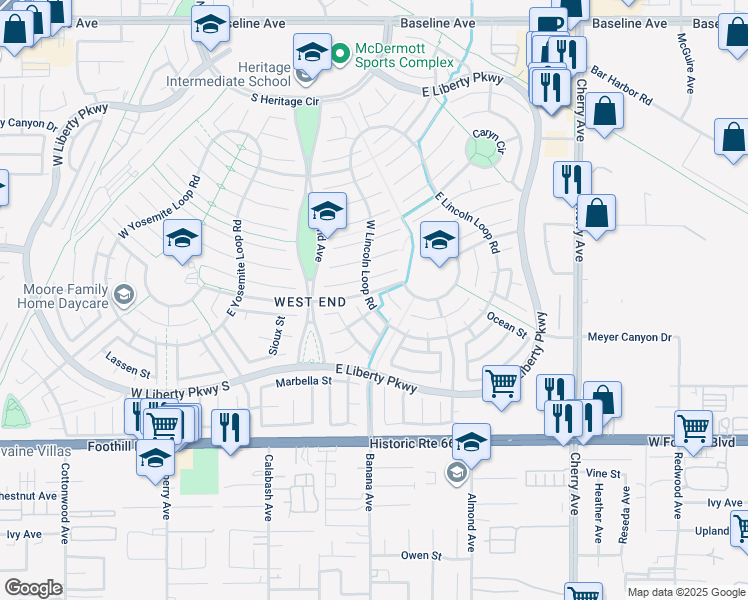 map of restaurants, bars, coffee shops, grocery stores, and more near 14084 Rothchild Court in Fontana