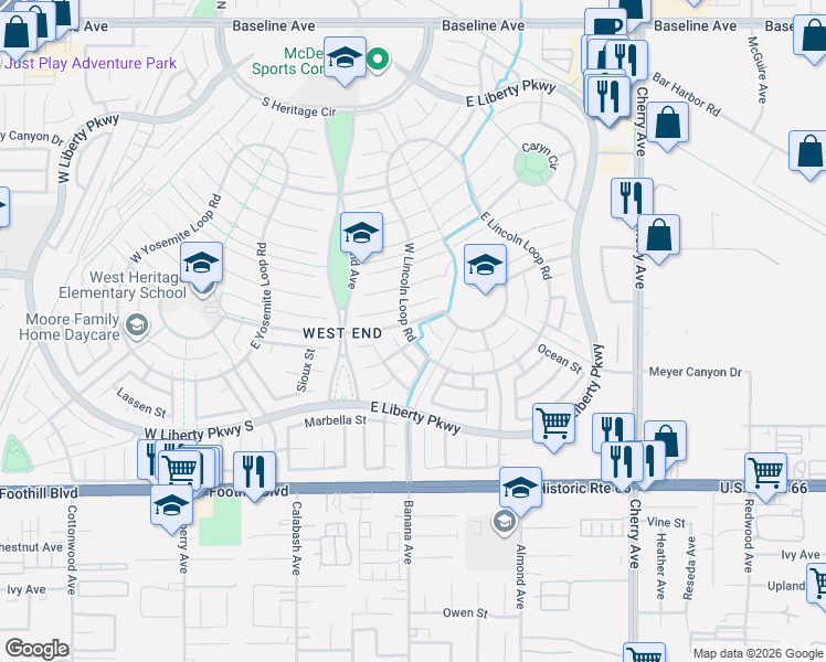 map of restaurants, bars, coffee shops, grocery stores, and more near 7811 Santa Fe Street in Fontana