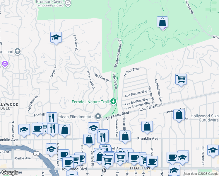 map of restaurants, bars, coffee shops, grocery stores, and more near 2244 East Live Oak Drive in Los Angeles