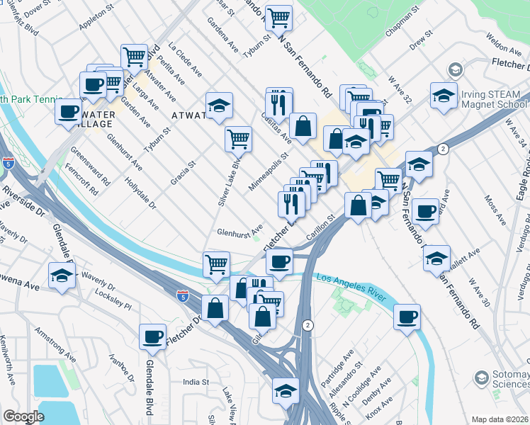 map of restaurants, bars, coffee shops, grocery stores, and more near 3143 Larga Avenue in Los Angeles