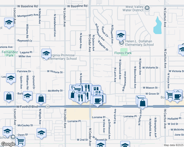 map of restaurants, bars, coffee shops, grocery stores, and more near 632 North Quince Avenue in Rialto