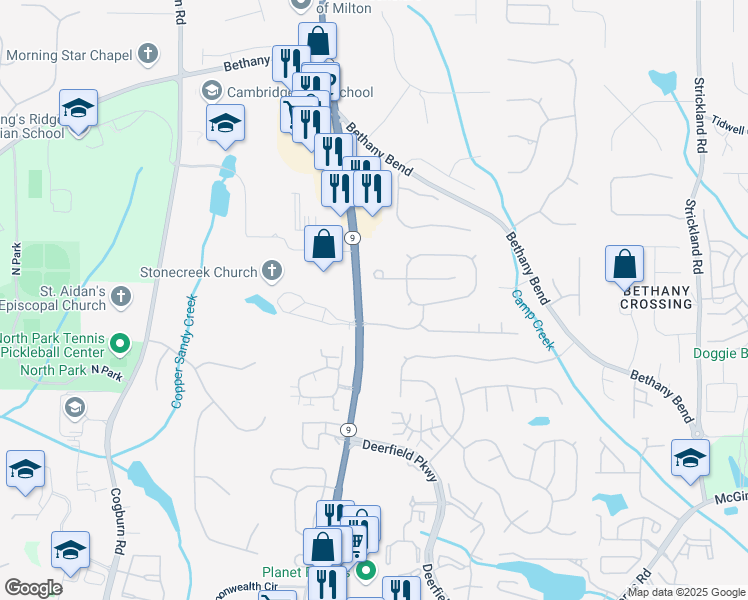 map of restaurants, bars, coffee shops, grocery stores, and more near 13545 Georgia 9 in Alpharetta