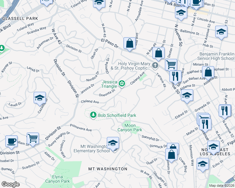 map of restaurants, bars, coffee shops, grocery stores, and more near Cleland Avenue in Los Angeles