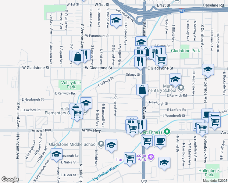 map of restaurants, bars, coffee shops, grocery stores, and more near 623 Homerest Avenue in Azusa