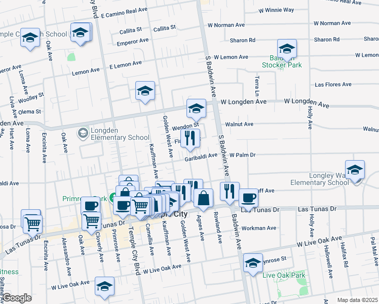 map of restaurants, bars, coffee shops, grocery stores, and more near 9845 Garibaldi Avenue in Temple City