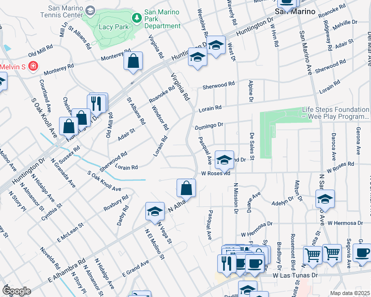 map of restaurants, bars, coffee shops, grocery stores, and more near 555 East Alhambra Road in San Gabriel