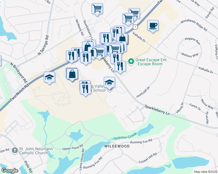 map of restaurants, bars, coffee shops, grocery stores, and more near 120 Sparkleberry Lane in Columbia
