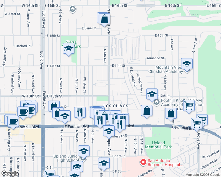map of restaurants, bars, coffee shops, grocery stores, and more near 620 East Cabernet Court in Upland