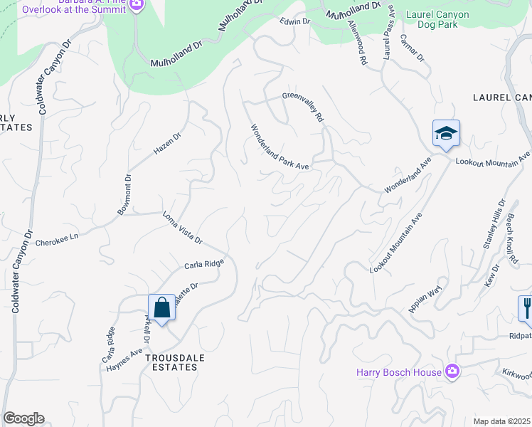 map of restaurants, bars, coffee shops, grocery stores, and more near 8883 Sunset Crest Place in Los Angeles