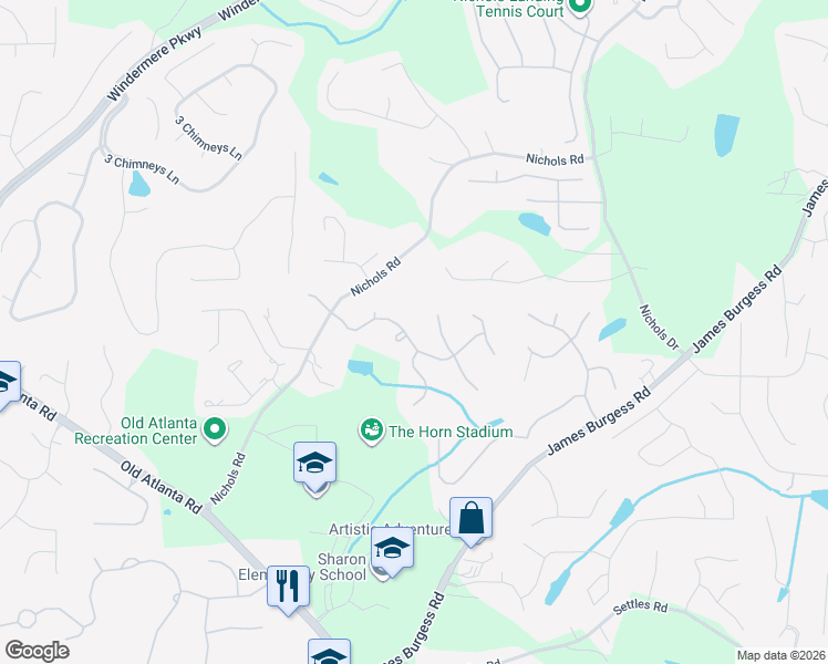 map of restaurants, bars, coffee shops, grocery stores, and more near 705 Summerwind Way in Suwanee
