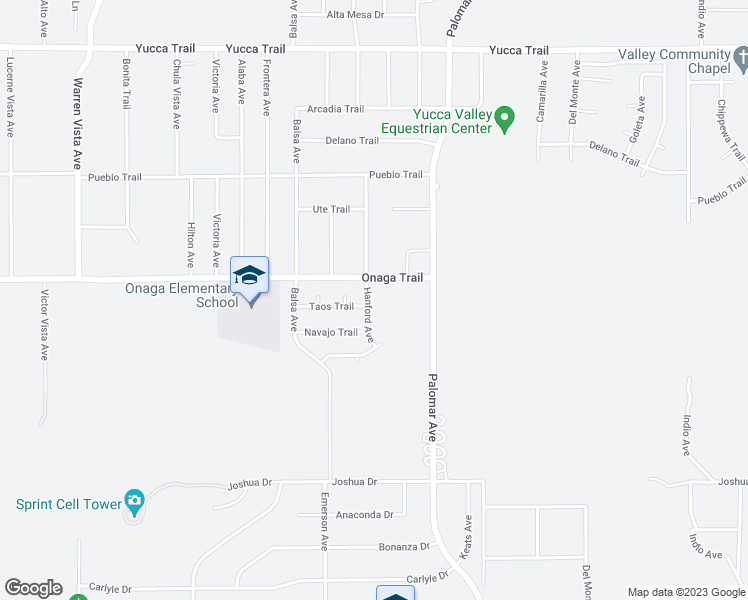 map of restaurants, bars, coffee shops, grocery stores, and more near 7741 Hanford Avenue in Yucca Valley