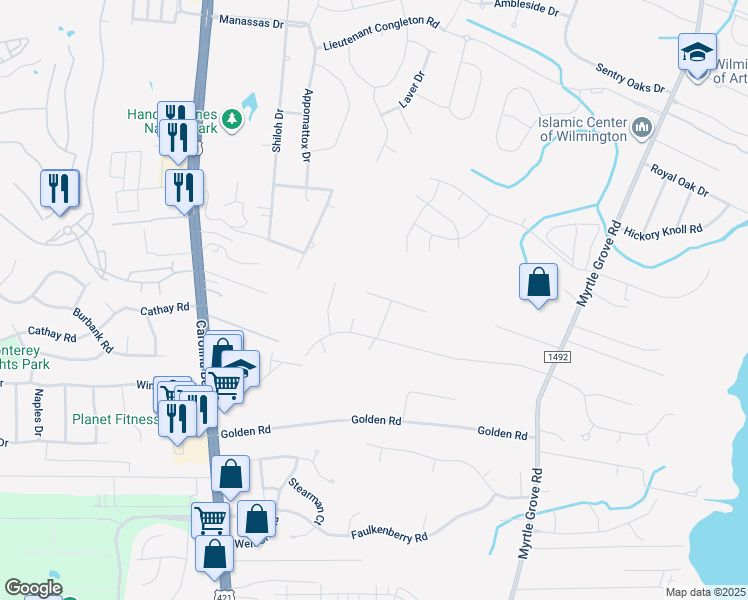 map of restaurants, bars, coffee shops, grocery stores, and more near 2540 Yolanda Lane in Wilmington