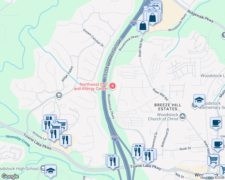 map of restaurants, bars, coffee shops, grocery stores, and more near 960 Woodstock Parkway in Woodstock