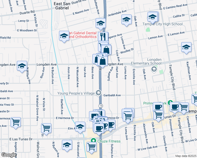 map of restaurants, bars, coffee shops, grocery stores, and more near 6209 Rosemead Boulevard in Temple City