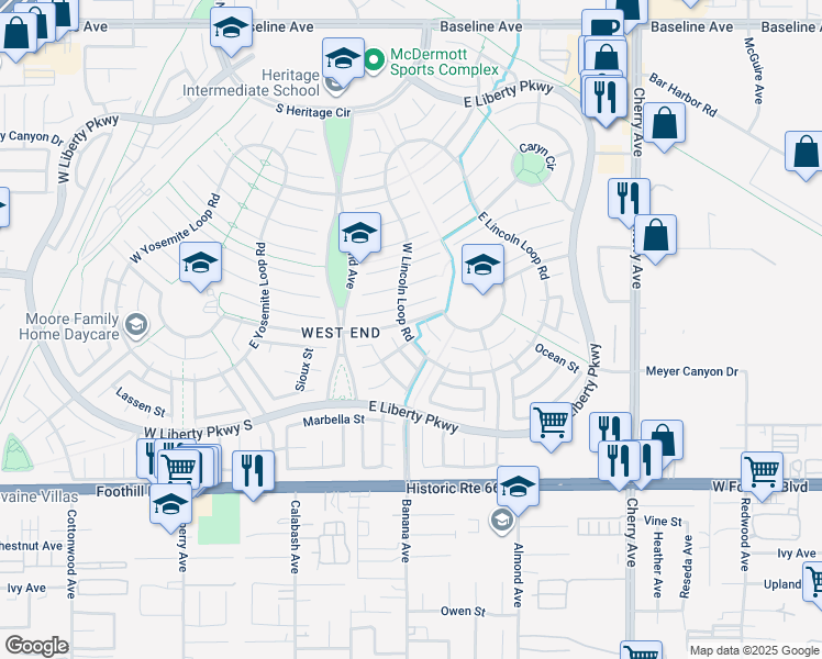 map of restaurants, bars, coffee shops, grocery stores, and more near 14084 Rothchild Court in Fontana