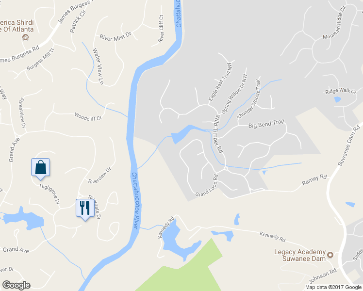 map of restaurants, bars, coffee shops, grocery stores, and more near 6099 Grand Loop Road in Sugar Hill