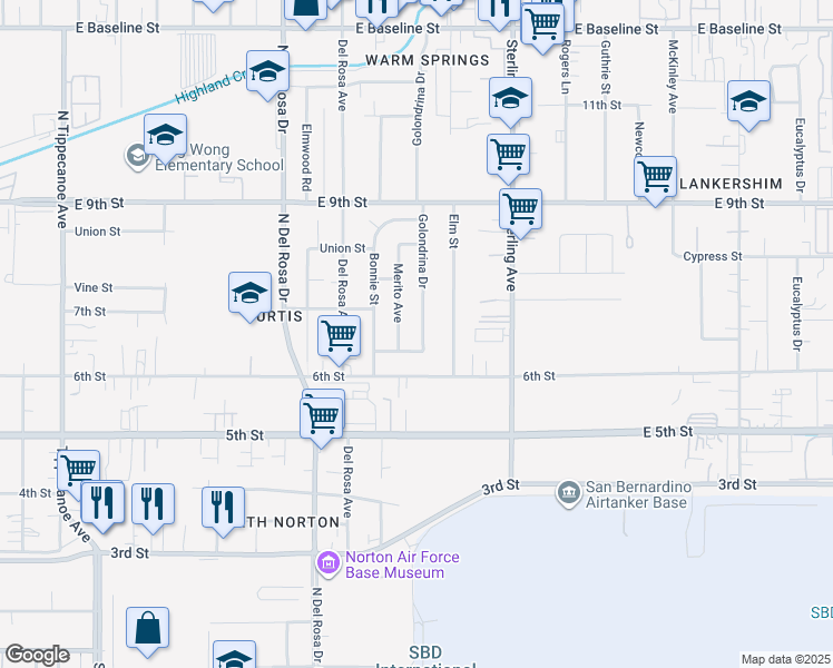 map of restaurants, bars, coffee shops, grocery stores, and more near 7842 Golondrina Drive in San Bernardino