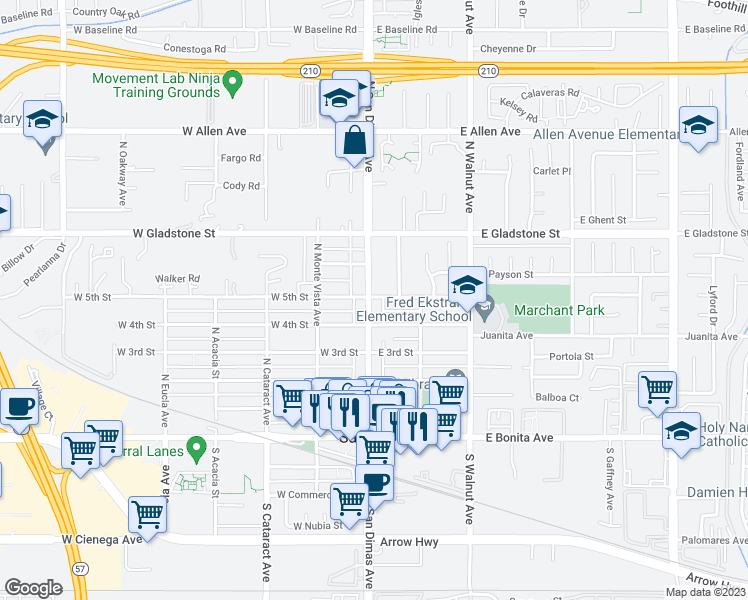 map of restaurants, bars, coffee shops, grocery stores, and more near 444 North San Dimas Avenue in San Dimas
