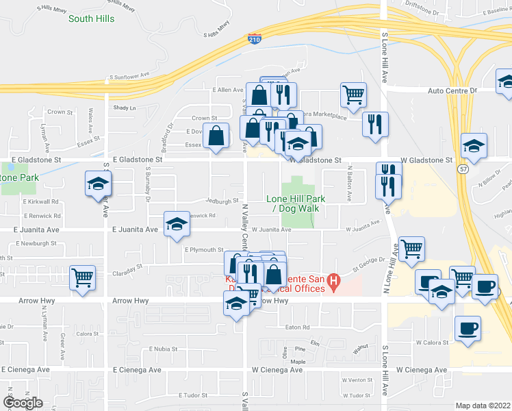map of restaurants, bars, coffee shops, grocery stores, and more near 1440 Kirkwall Road in San Dimas