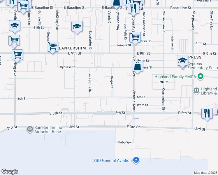 map of restaurants, bars, coffee shops, grocery stores, and more near 7842 Grape Street in Highland