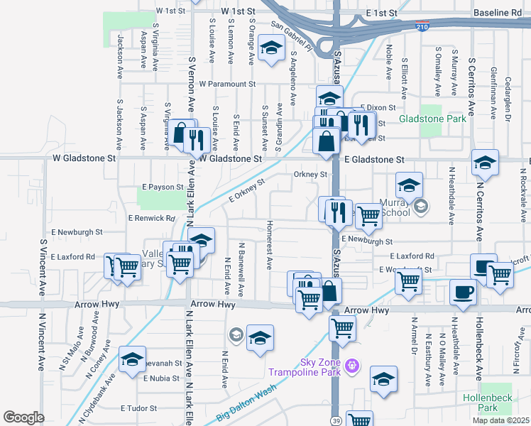 map of restaurants, bars, coffee shops, grocery stores, and more near 623 Homerest Avenue in Azusa