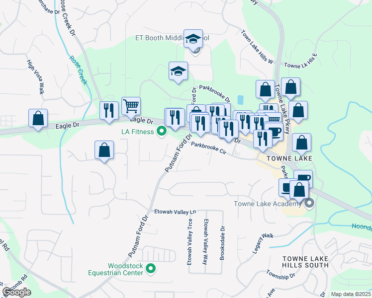 map of restaurants, bars, coffee shops, grocery stores, and more near 6478 Putnam Ford Drive in Woodstock