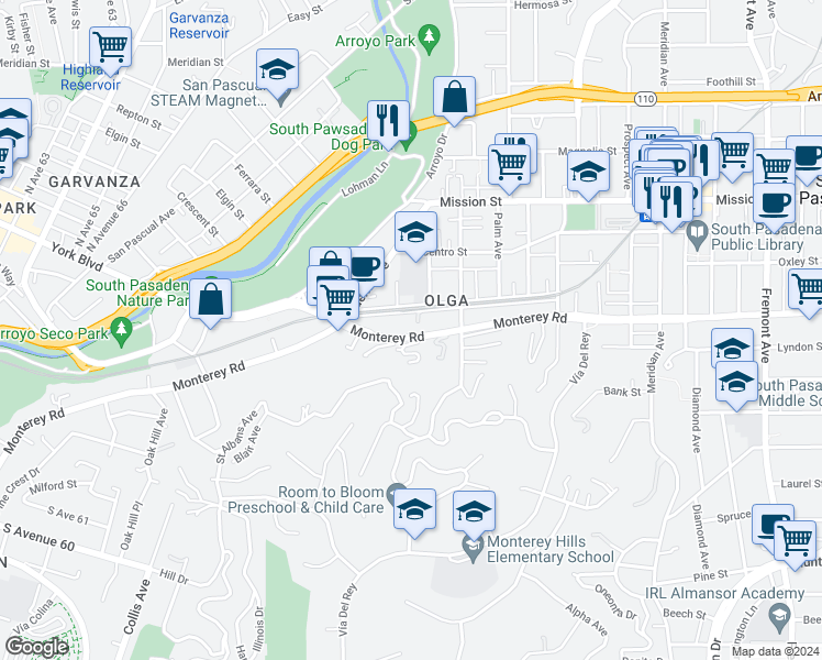 map of restaurants, bars, coffee shops, grocery stores, and more near 364 Monterey Road in South Pasadena