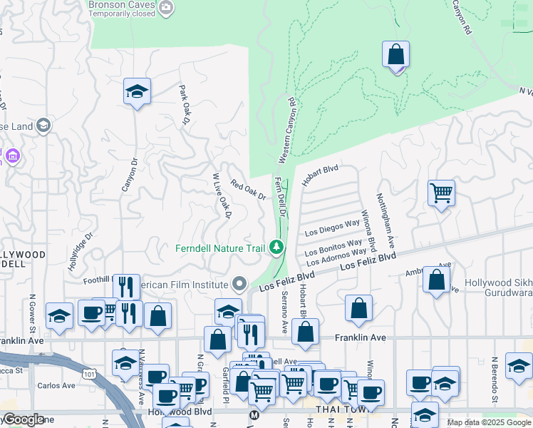 map of restaurants, bars, coffee shops, grocery stores, and more near 2244 East Live Oak Drive in Los Angeles